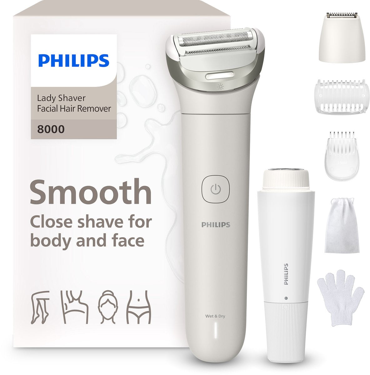 Philips Series 8000 Ladyshave: Gladde Huid, LED-Licht, 5 Accessoires, Wit