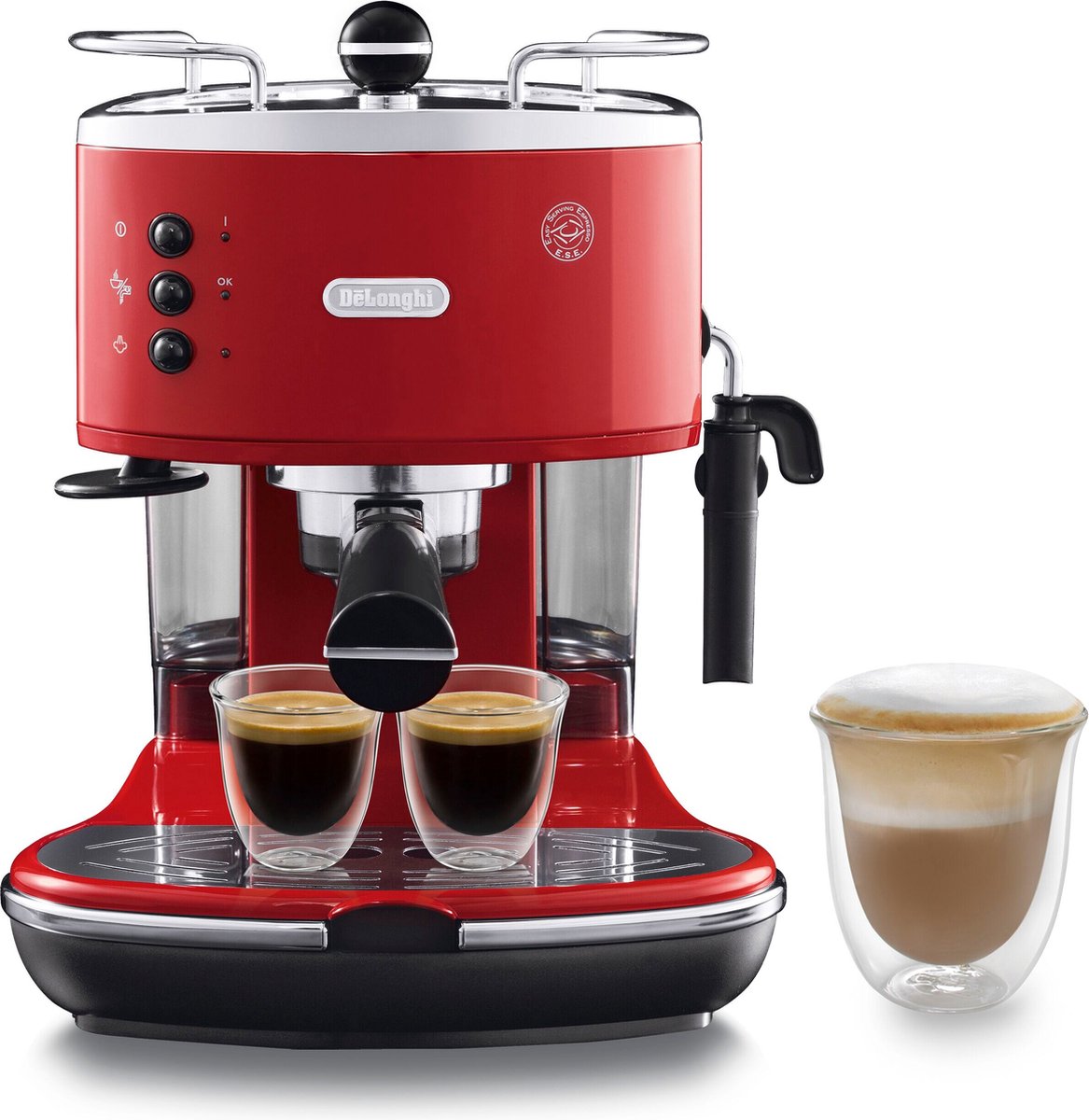 De'Longhi Icona ECO311.R Rode Pistonmachine: Compacte Espresso, Melkschuimer, Retro Design