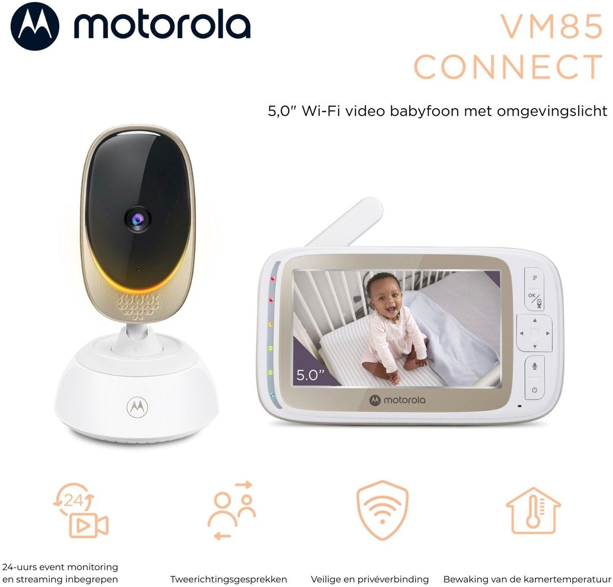 Motorola Nursery VM85 Connect Babyfoon: Camera, Kleuren Display, App, Terugspreekfunctie & Nachtlampje