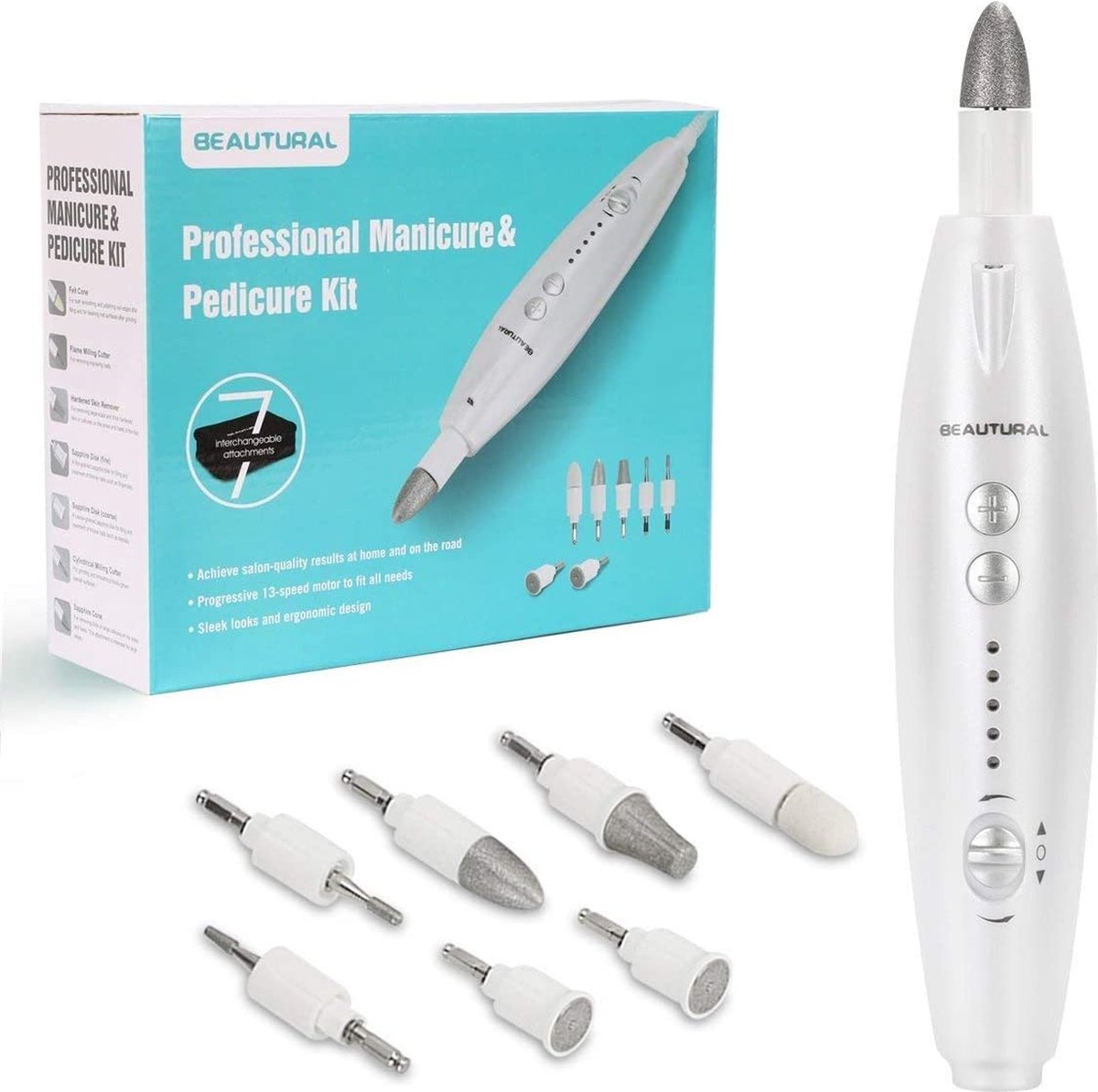 BEAUTURAL Elektrische Manicure Pedicure Set: 7 Opzetstukken, Krachtige Nagelvijl, LED Licht