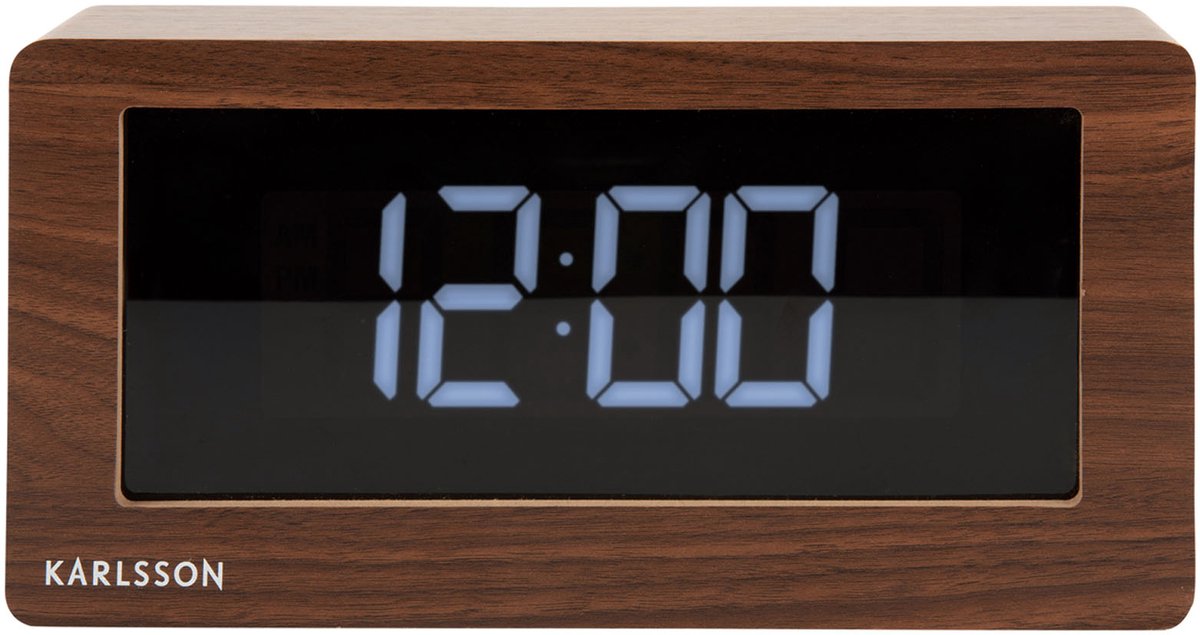 Karlsson Boxed Tafelklok: Modern Donker Hout LED Display Scandinavisch Design