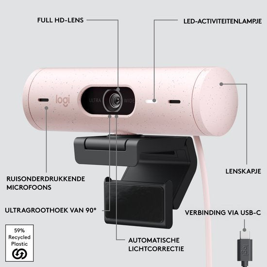 Logitech Brio 500 Full HD Webcam Roze 1080p/30fps Automatische Correctie