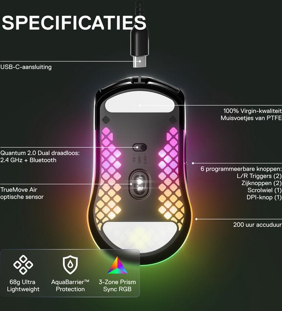 SteelSeries Aerox 3 Draadloze Gaming Muis: Ultralicht, 200 uur Accu, Zwart