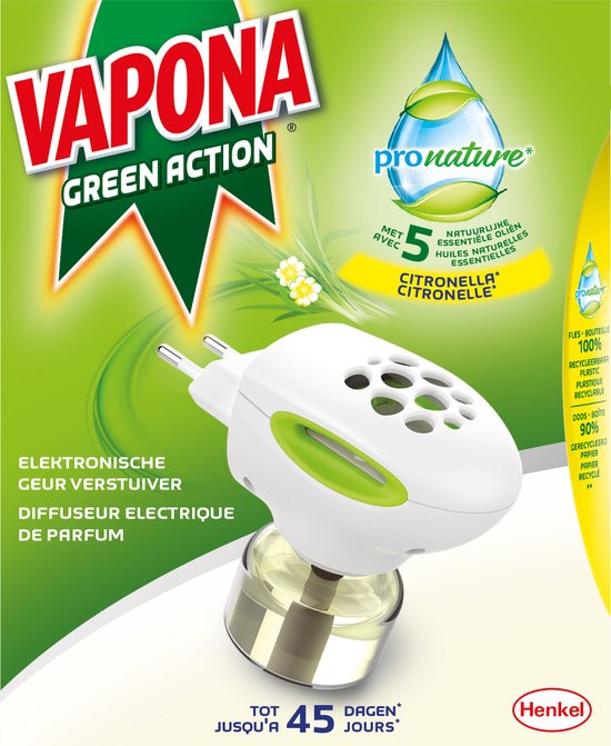 Vapona Green Action Elektronische Parfum Verstuiver: Essentiële Oliën Muggenbescherming, 45 Nachten