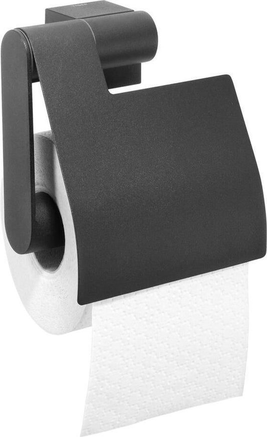 Luxe Matzwarte Tiger Nomad Toiletrolhouder met Klep - Duurzaam RVS Wandmontage