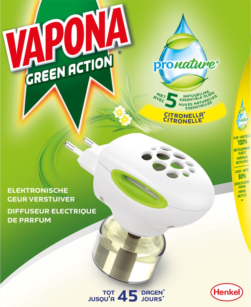 Vapona Green Action Elektronische Parfum Verstuiver: Essentiële Oliën Muggenbescherming, 45 Nachten