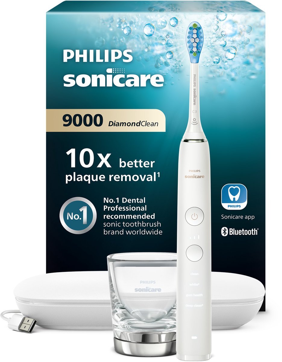 Philips Sonicare DiamondClean 9000 Geavanceerde Sonische Tandenborstel Wit Oplaadglas HX9911/27 - MR commerce
