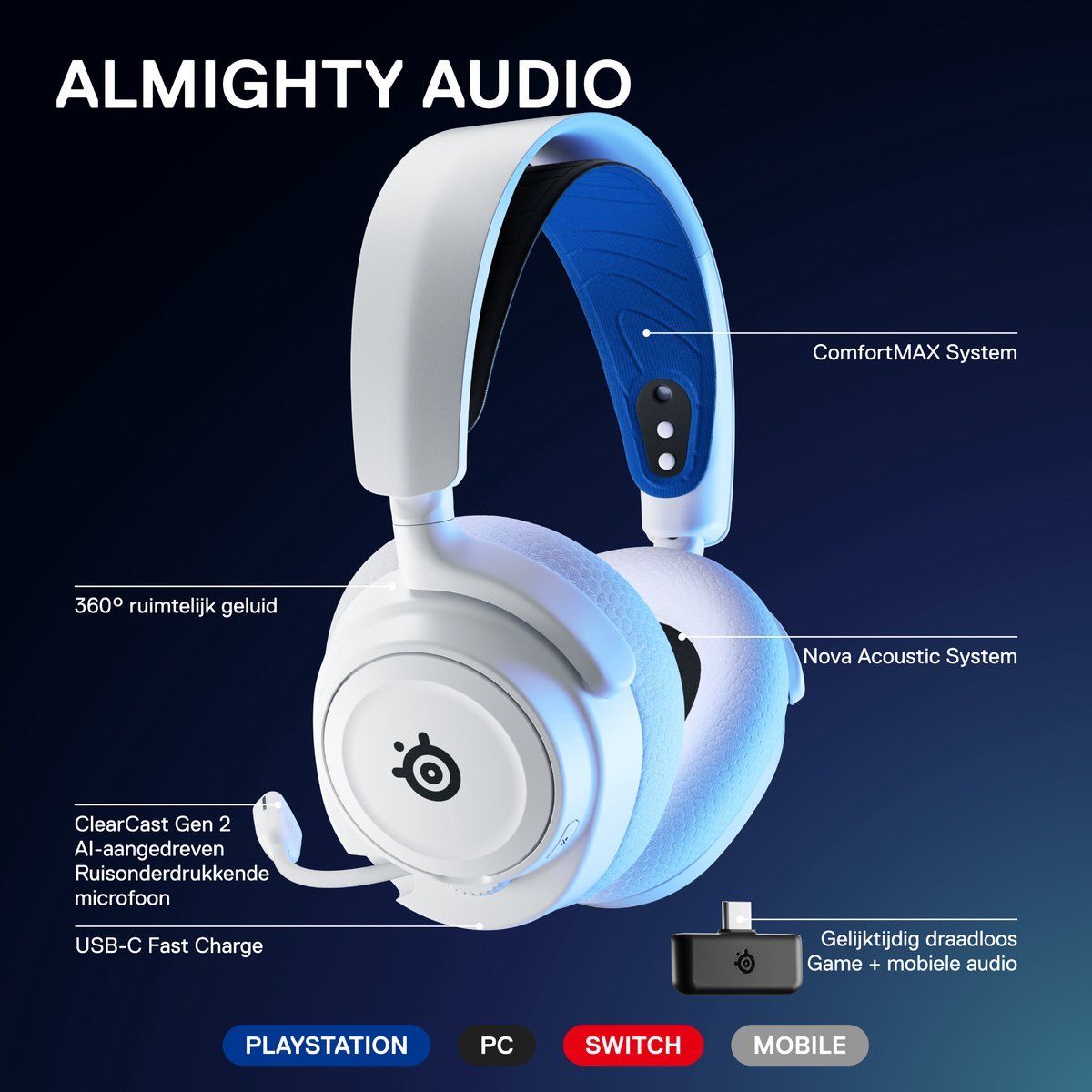 SteelSeries Arctis Nova 7P Draadloze Gaming Headset voor PlayStation - Wit - MR commerce